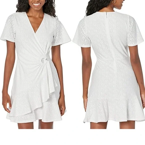 MICHAEL Michael Kors Flutter White Eyelet Wrap Mini Dress Women’s L Large - Picture 1 of 9